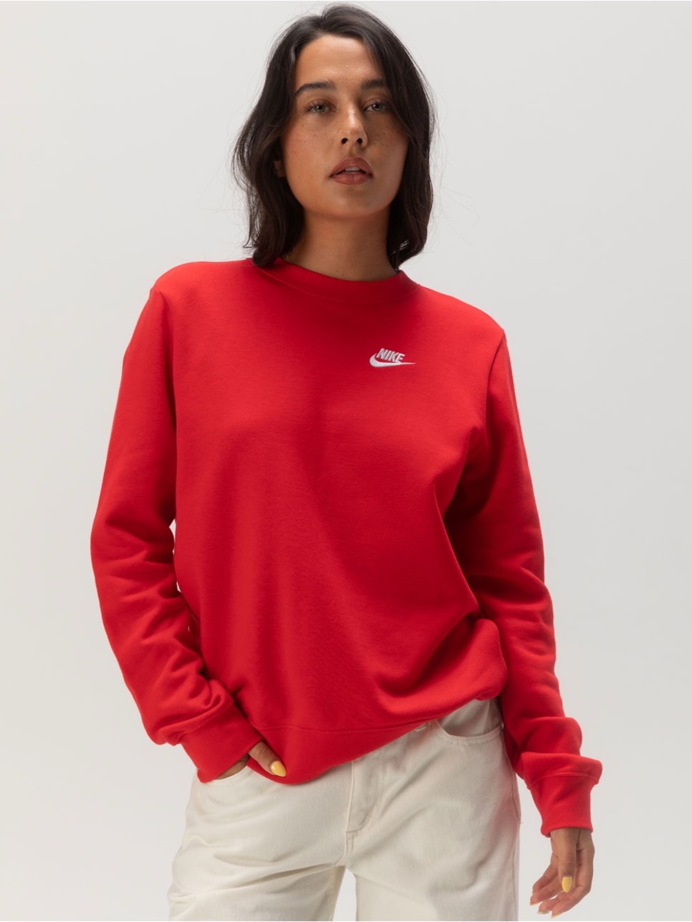 Nike Women's Red Crewneck Sweatshirt with White Swoosh